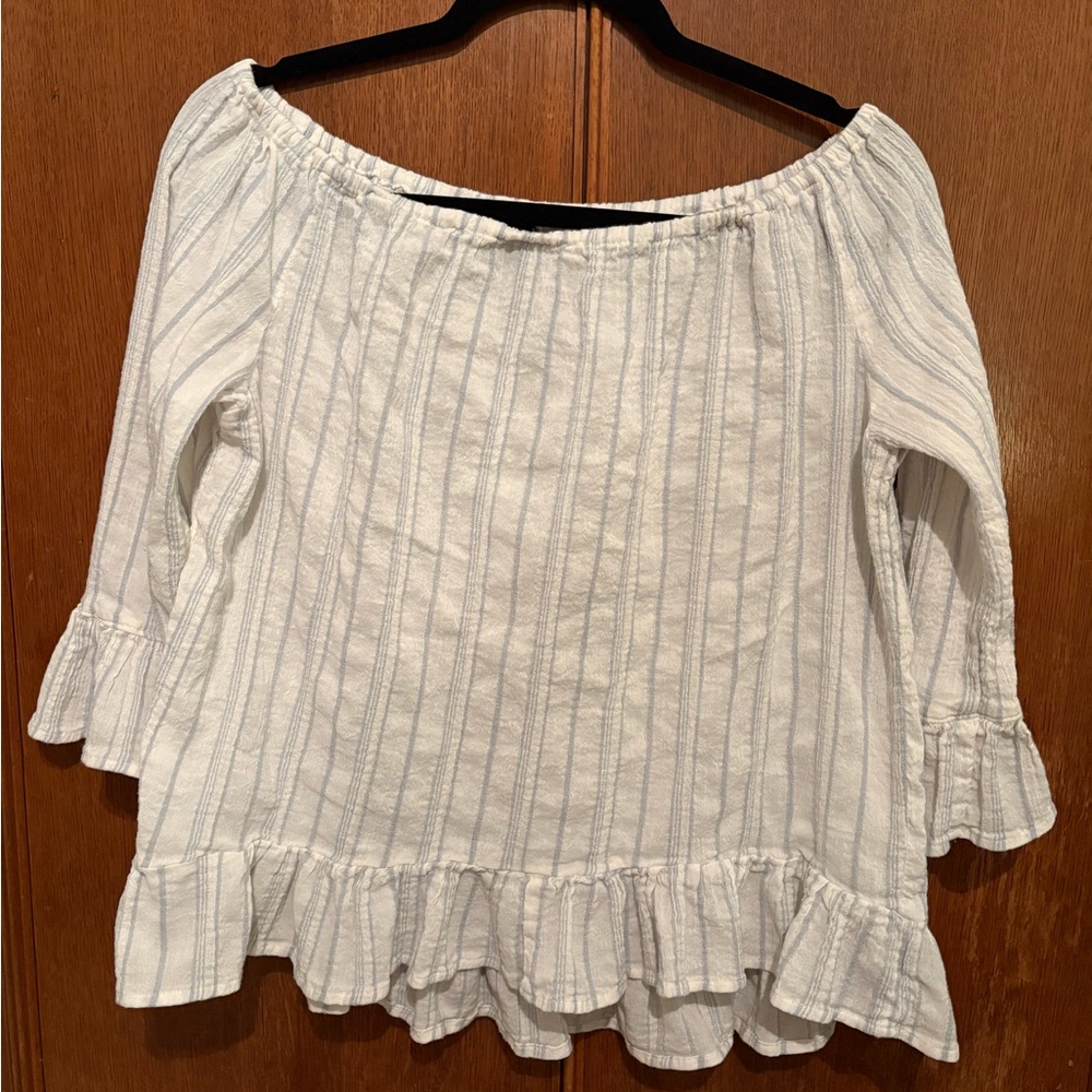 Sanctuary White and Light Blue Striped Off-Shoulder Blouse